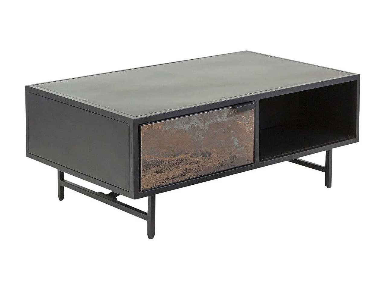 Mesa de centro industrial de metal con cajón y estante de almacenamiento