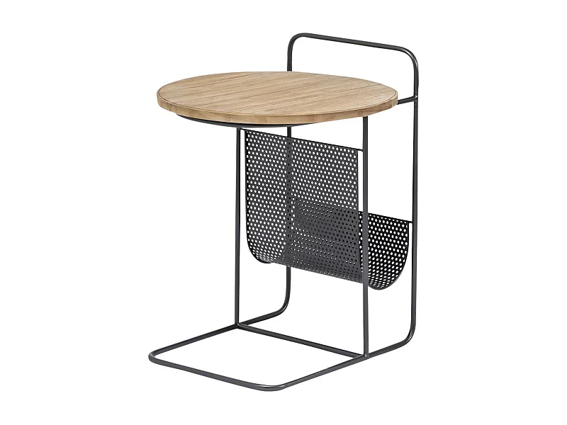Mesa auxiliar industrial de madera de abeto y metal Denise con portarevistas