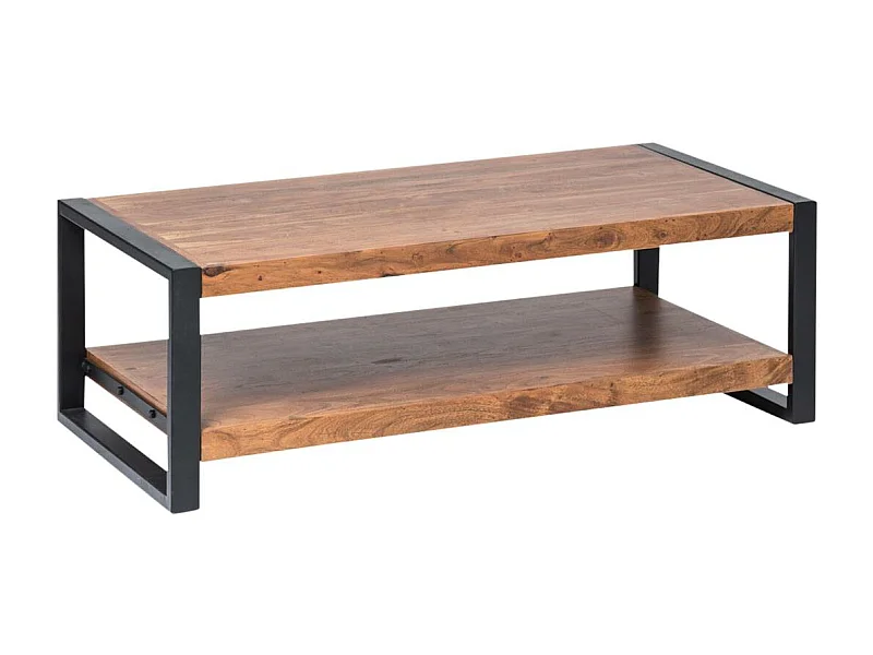 Mesa de centro industrial de madera de acacia con doble bandeja de almacenamiento