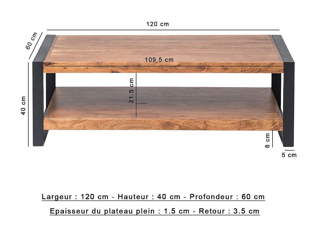 Mesa de centro industrial de madera de acacia con doble bandeja de almacenamiento