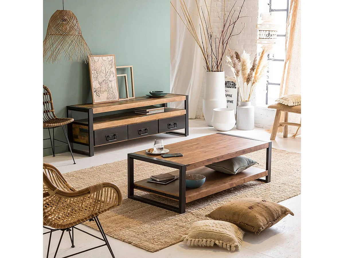 Mesa de centro industrial de madera de acacia con doble bandeja de almacenamiento