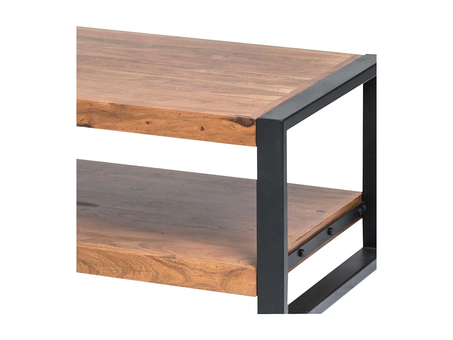 Mesa de centro industrial de madera de acacia con doble bandeja de almacenamiento