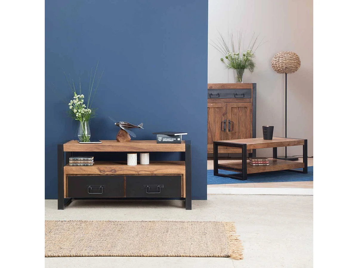 Mesa de centro industrial de madera de acacia con doble bandeja de almacenamiento