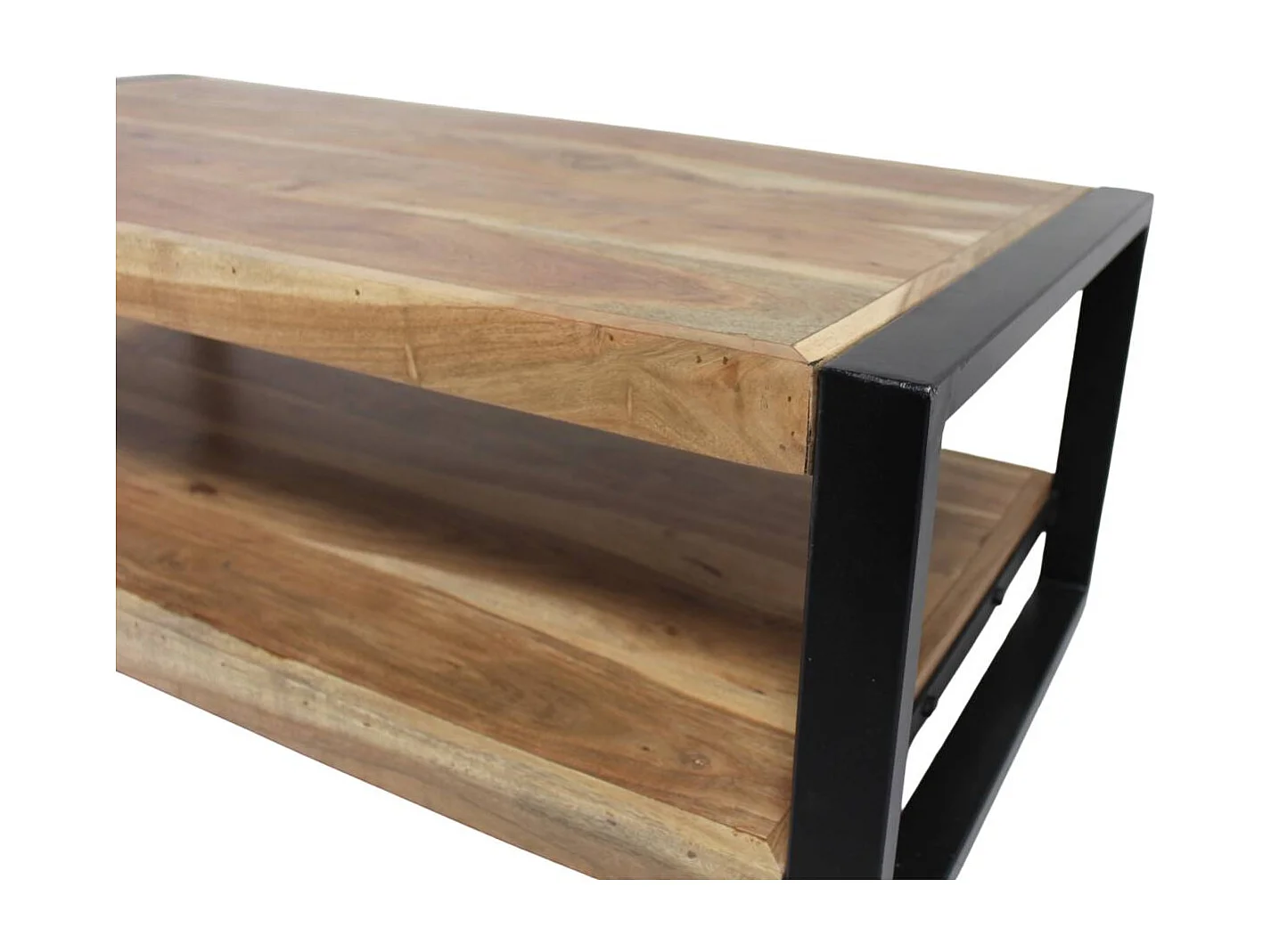 Mesa de centro industrial de madera de acacia con doble bandeja de almacenamiento
