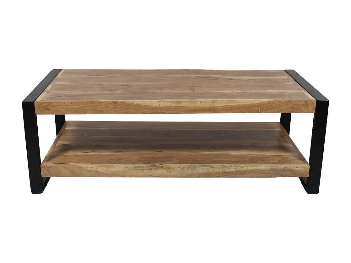 Mesa de centro industrial de madera de acacia con doble bandeja de almacenamiento