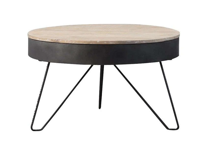 Mesa de centro industrial de madera de mango y metal Locker con almacenamiento - Estilo industrial, tablero redondo gris claro