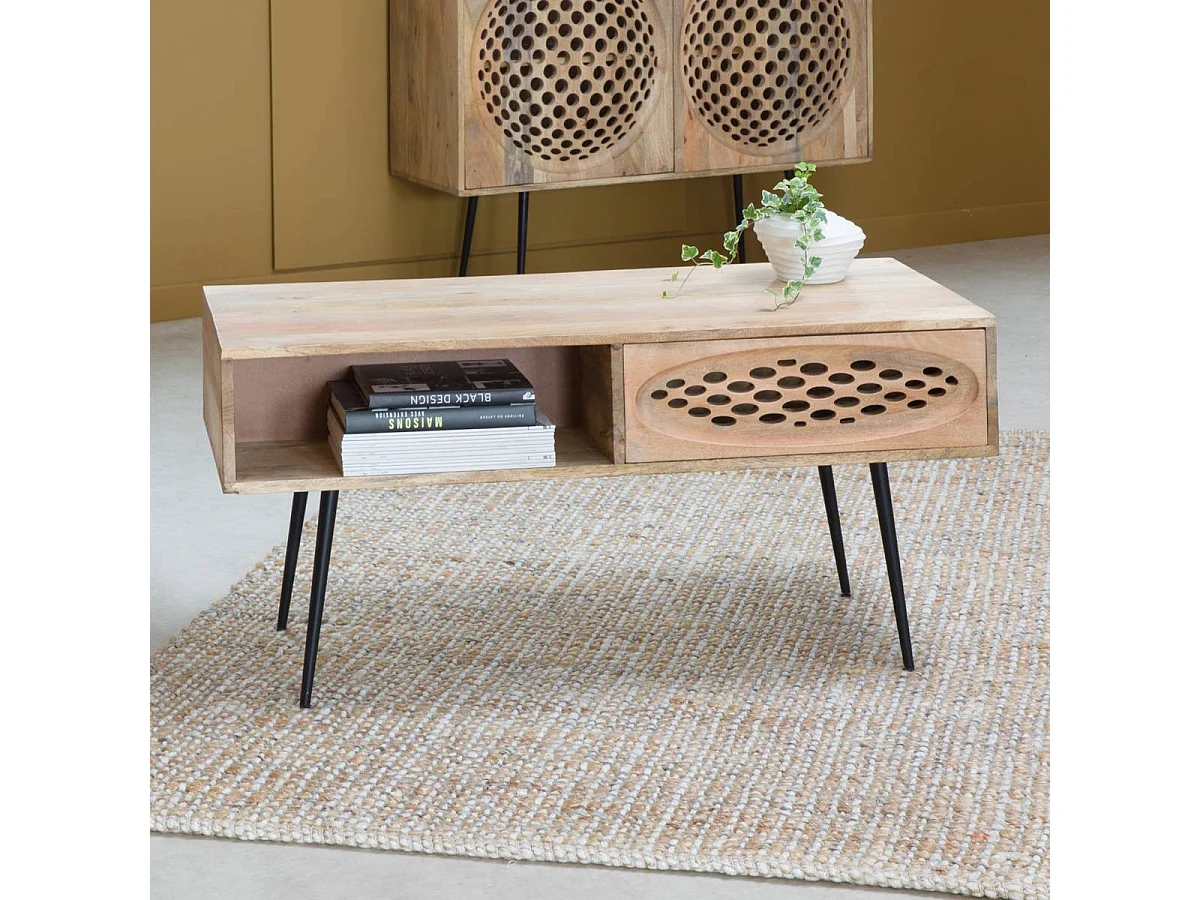 Mesa de centro Golf de madera de mango con almacenamiento y diseño inspirado en bolas de golf