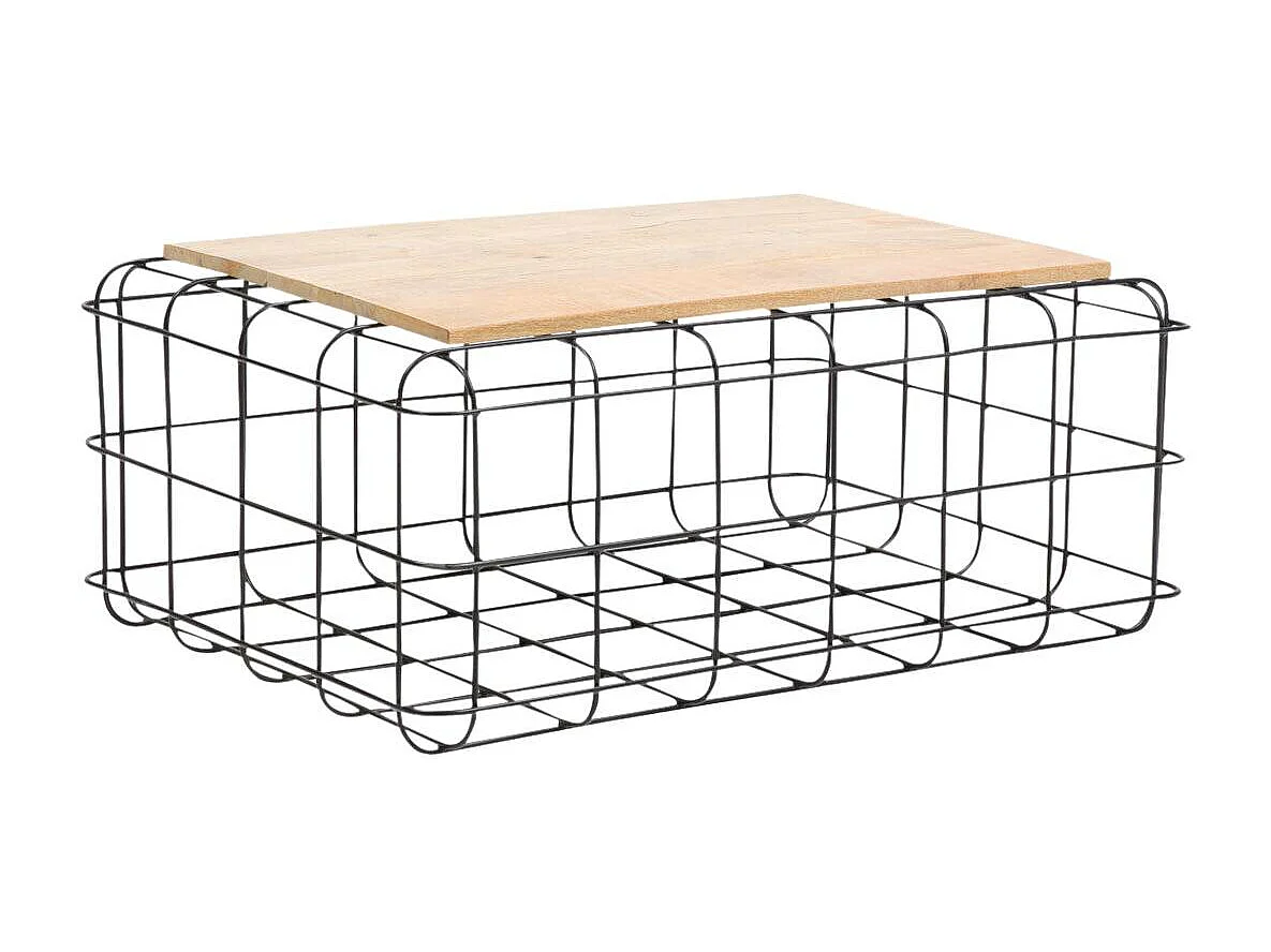 Mesa de centro industrial de madera de mango y metal negro con almacenamiento