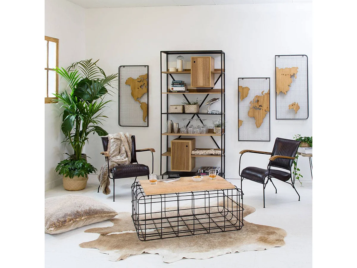 Mesa de centro industrial de madera de mango y metal negro con almacenamiento