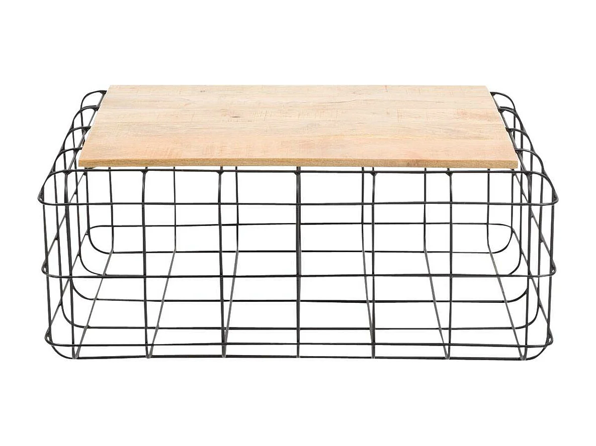 Mesa de centro industrial de madera de mango y metal negro con almacenamiento