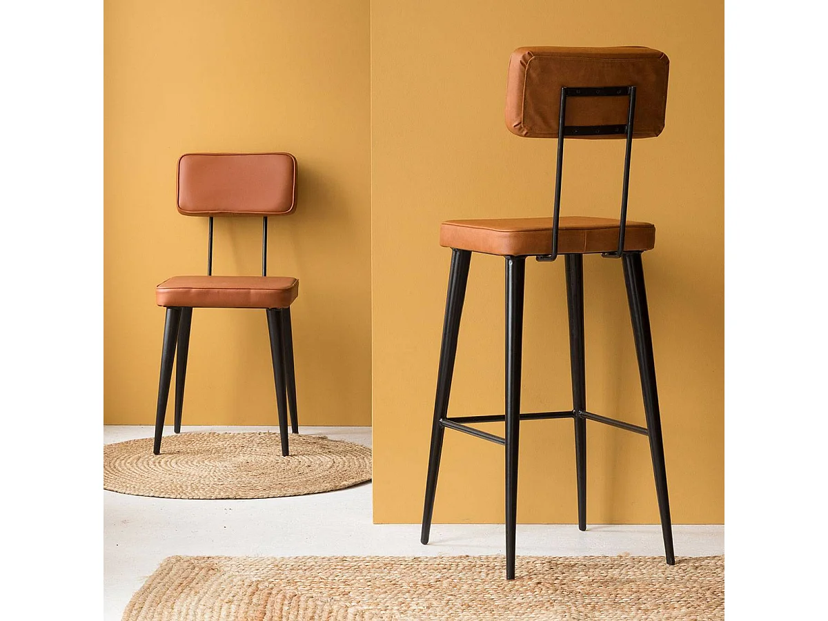 Tabouret de bar en cuir marron et métal noir Victoire
