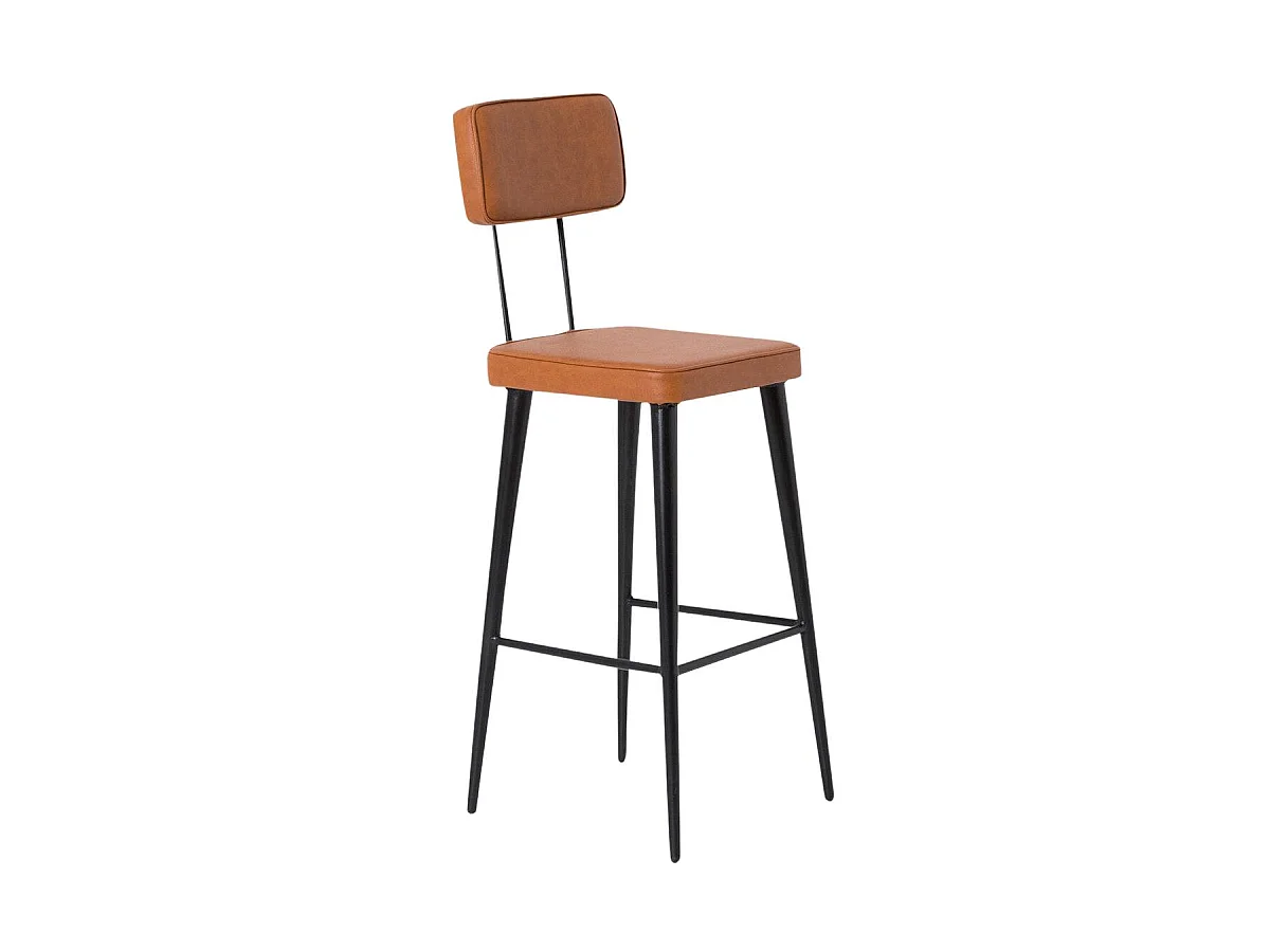 Taburete de bar de cuero marrón y metal negro Victor - Estilo industrial sin reposabrazos