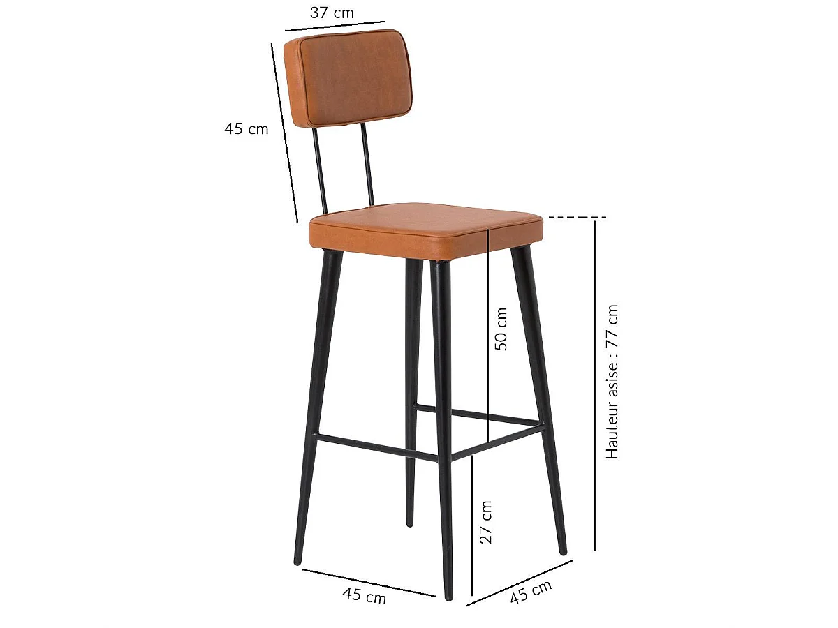 Taburete de bar de cuero marrón y metal negro Victor - Estilo industrial sin reposabrazos