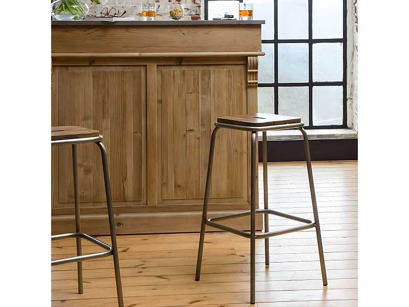 Taburete de bar vintage de estilo escolar en metal y madera de mango cepillado gris oscuro 69 cm