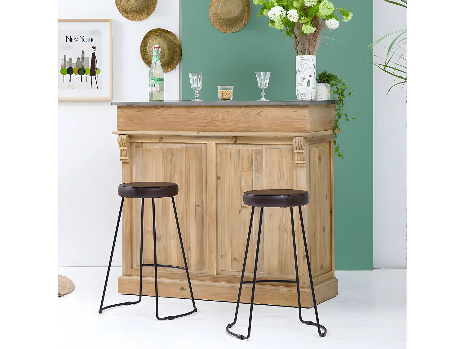 Tabouret de bar en cuir brun Bérénice