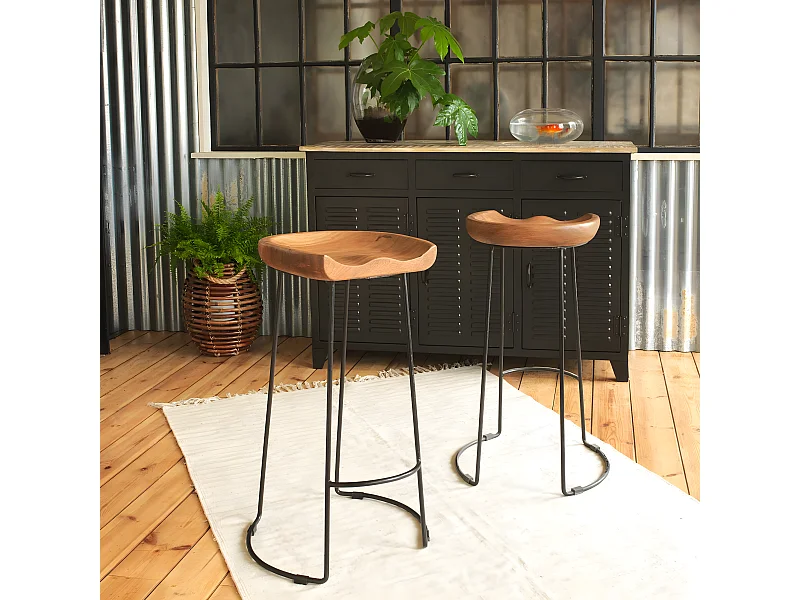 Taburete de bar de madera de acacia Havana, asiento envolvente y patas de metal fino, estilo industrial, color marrón