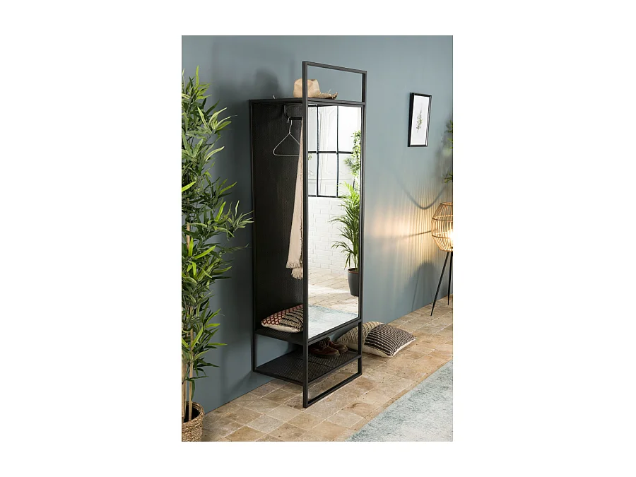 HABY - Meuble d'entrée porte-manteaux noir avec miroir