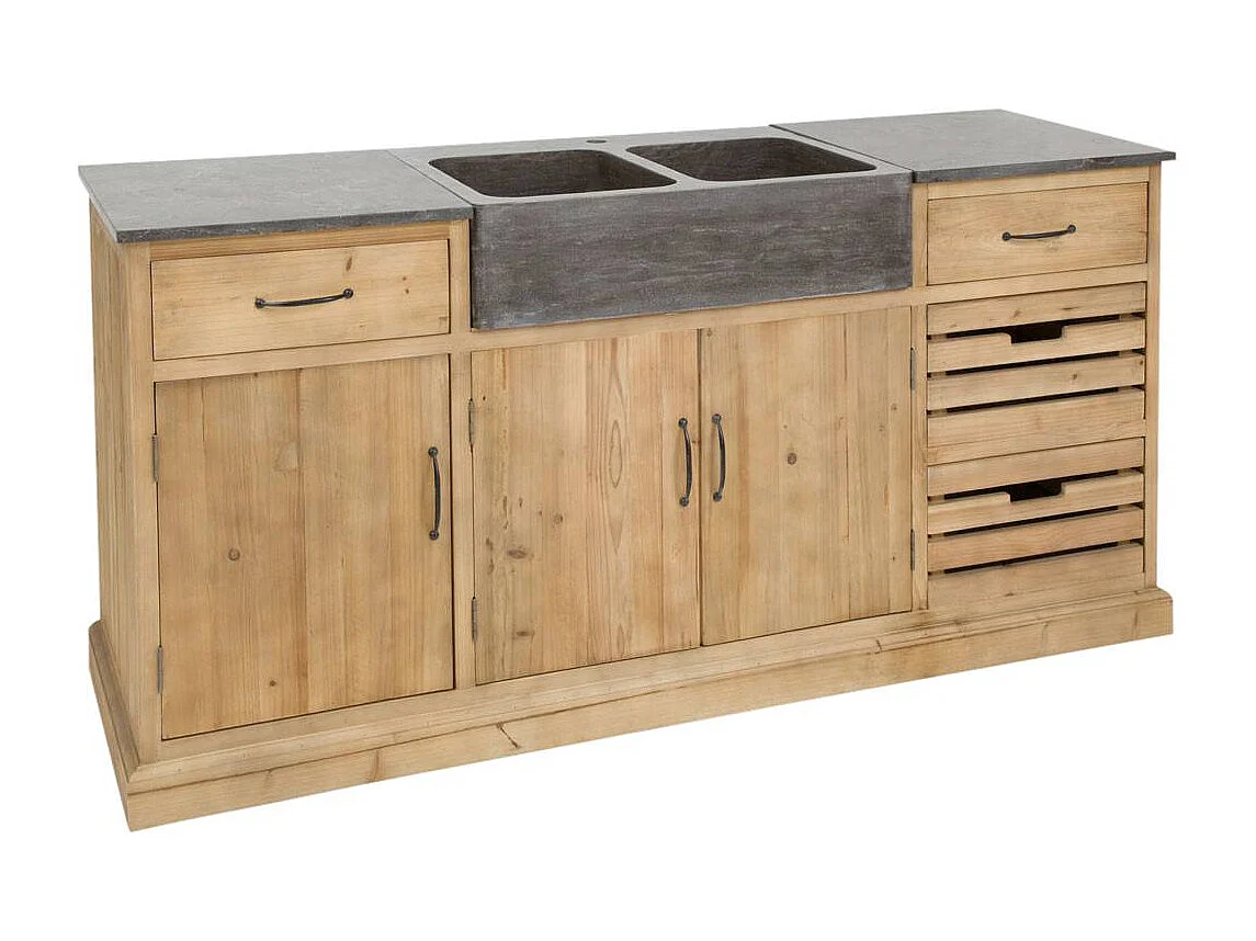 Meuble bas de cuisine en bois recyclé et pierre bleue Romain