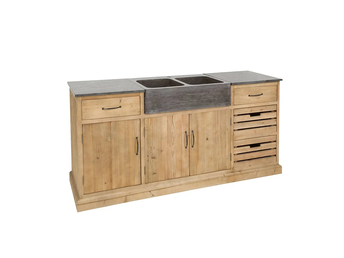 Mueble bajo de cocina de madera reciclada y piedra azul romana con doble lavabo