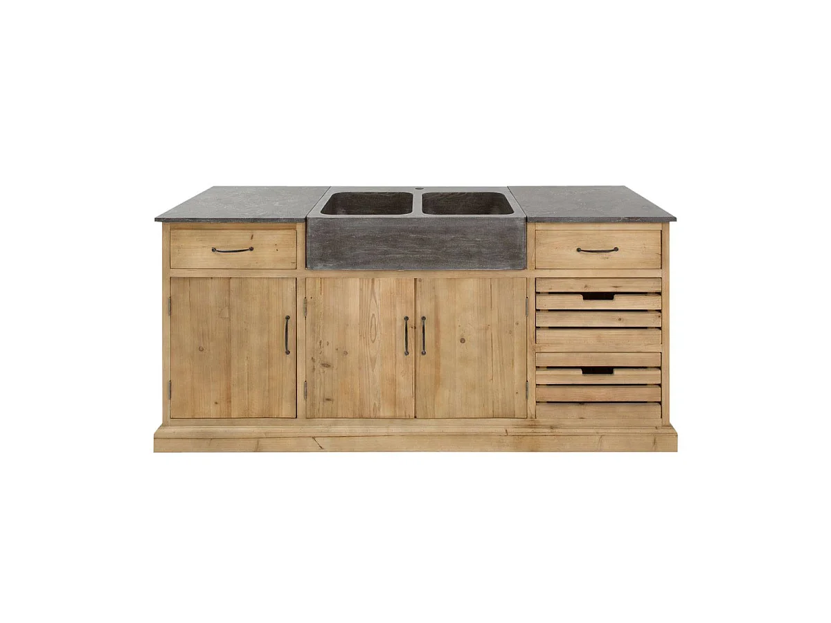 Mueble bajo de cocina de madera reciclada y piedra azul romana con doble lavabo