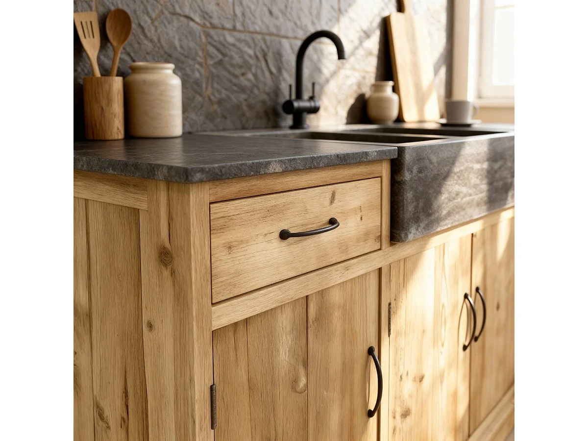 Mueble bajo de cocina de madera reciclada y piedra azul romana con doble lavabo