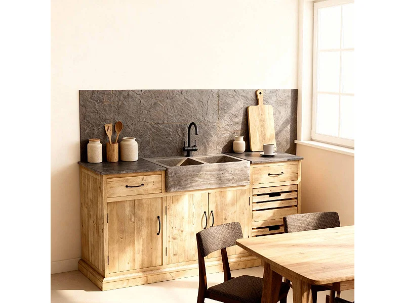 Meuble bas de cuisine en bois recyclé et pierre bleue Romain