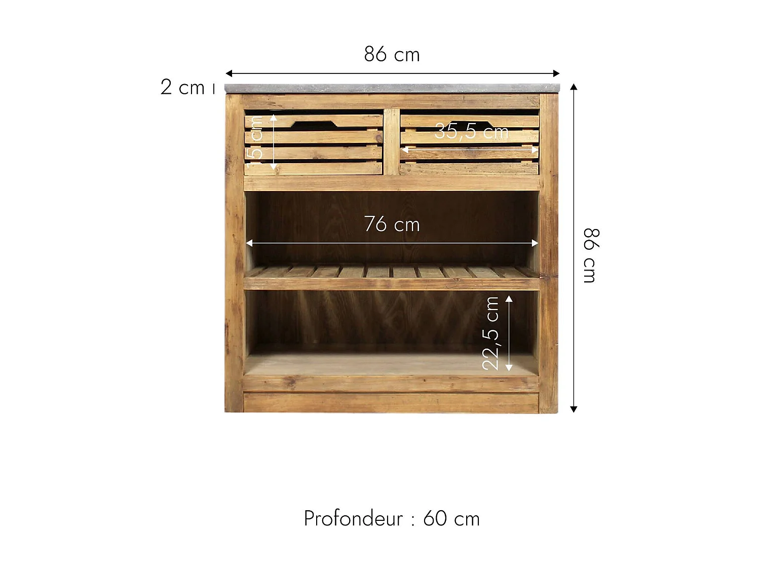 Meuble bas de cuisine 2 tiroirs + 1 étagère Champêtre