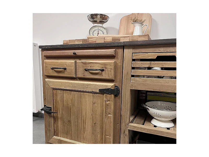 Mueble bajo de cocina de madera reciclada con 2 cajones y 1 puerta - Estilo campestre