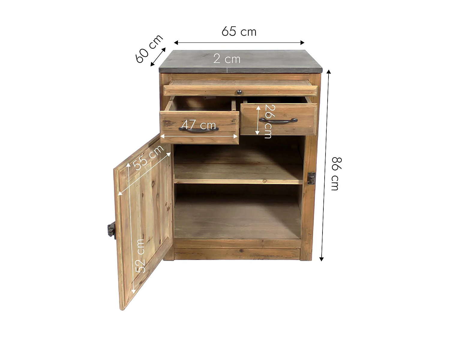 Mueble bajo de cocina de madera reciclada con 2 cajones y 1 puerta - Estilo campestre