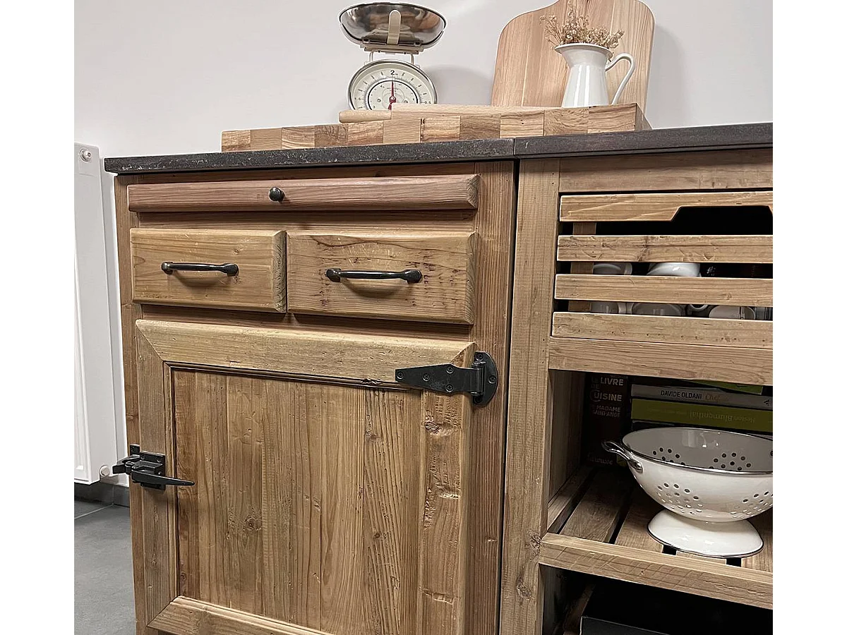 Mueble bajo de cocina de madera reciclada con 2 cajones y 1 puerta - Estilo campestre