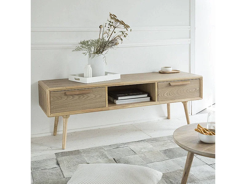 Mueble de TV de madera Viena estilo escandinavo con almacenamiento y nicho central