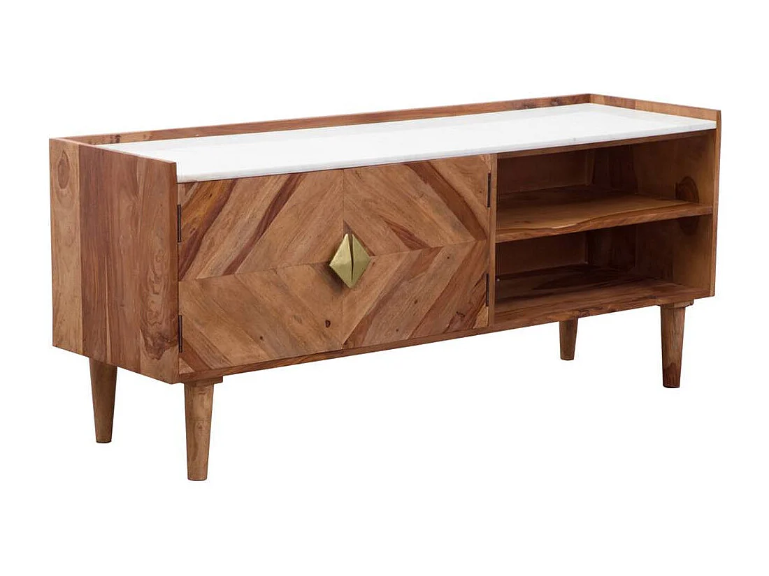 Mueble de TV de madera de acacia con encimera de mármol blanco y detalles dorados