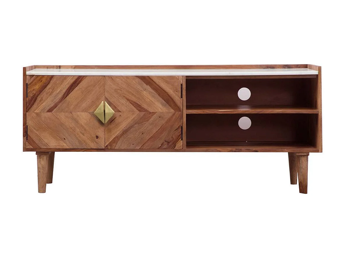 Mueble de TV de madera de acacia con encimera de mármol blanco y detalles dorados
