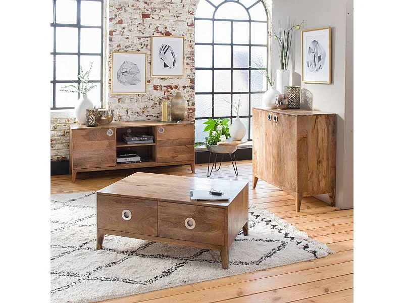 Mueble de TV de madera de mango Eloi con almacenamiento y asas de metal gris