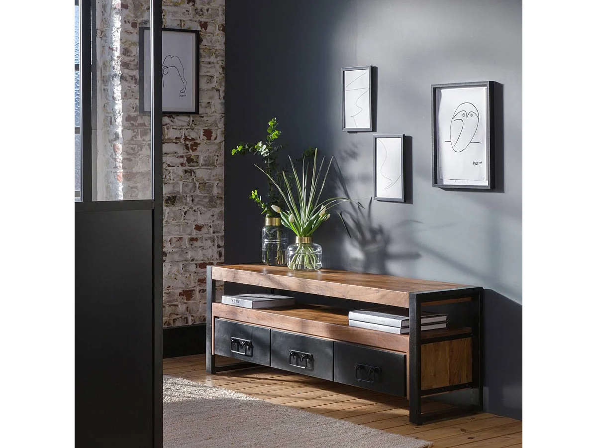 Mueble TV industrial de madera de acacia de 160 cm con almacenamiento y cajones - Colección HAVANA