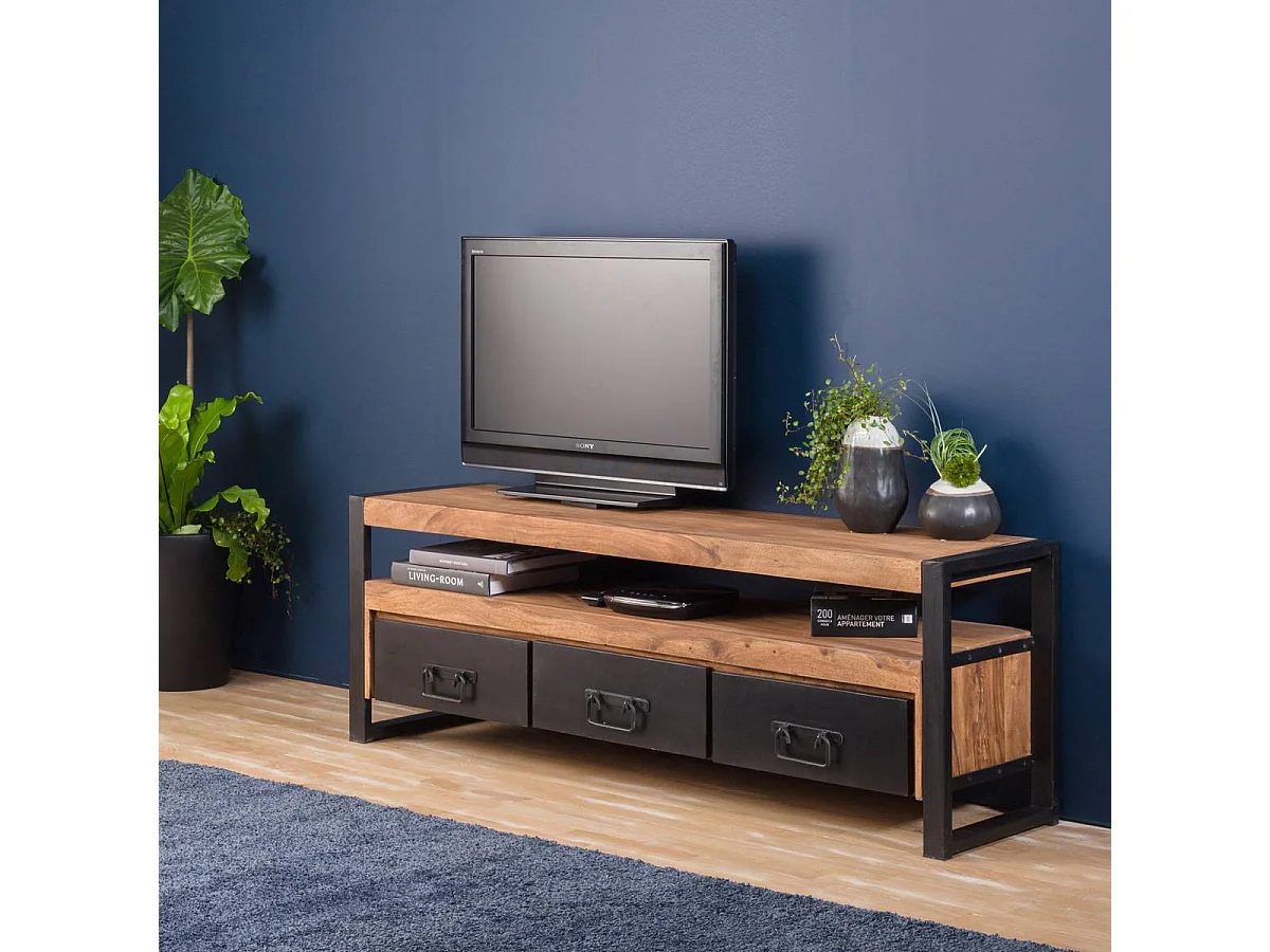 Mueble TV industrial de madera de acacia de 160 cm con almacenamiento y cajones - Colección HAVANA