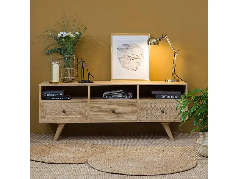 Mueble de TV de madera de mango blanqueado con almacenamiento y nichos Kamila - Estilo escandinavo