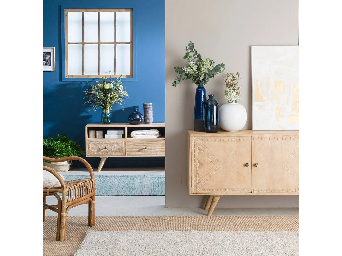 Meuble TV en bois de manguier blanchi Kamila