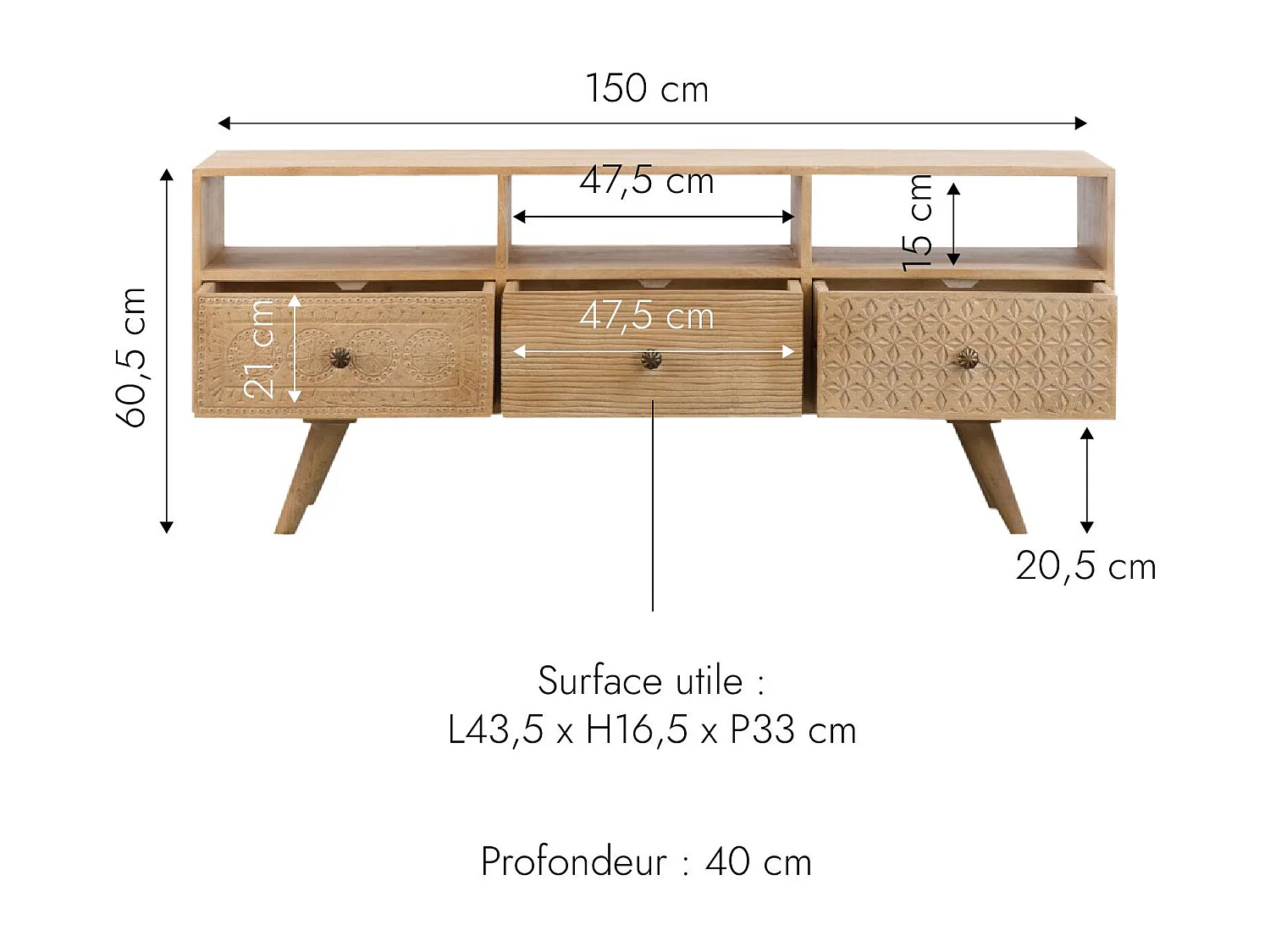 Meuble TV en bois de manguier blanchi Kamila