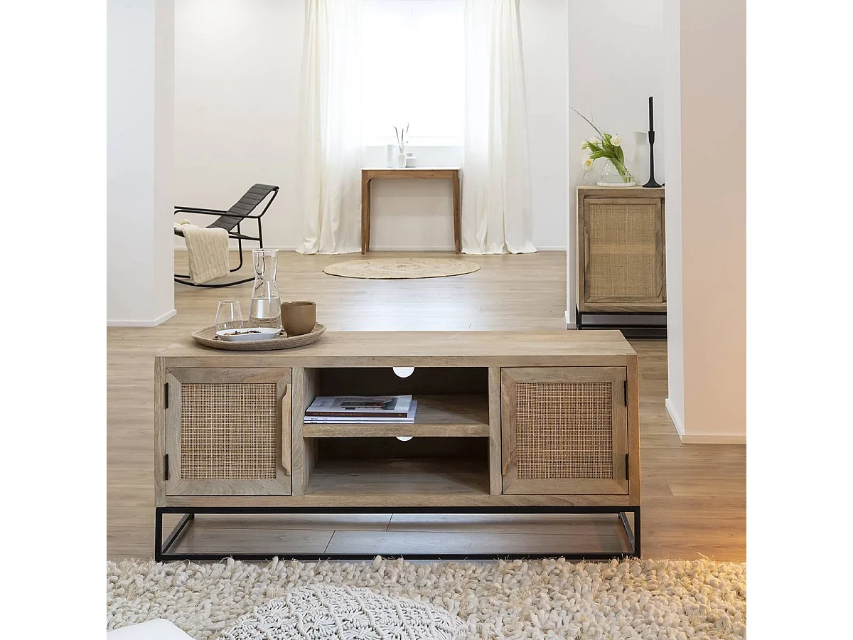 Meuble TV en bois de manguier et cannage Rim