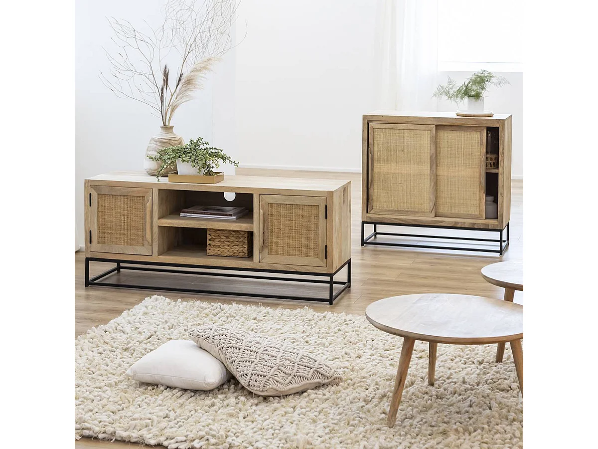 Meuble TV en bois de manguier et cannage Rim