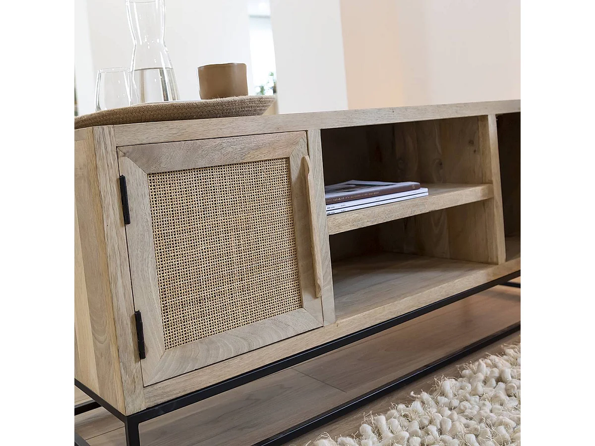 Meuble TV en bois de manguier et cannage Rim