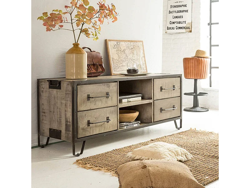 Meuble TV en bois de manguier et métal Grey