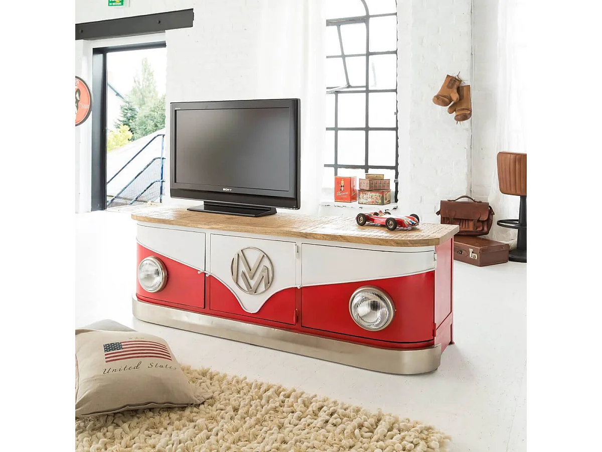 Meuble TV rouge avec plateau en bois de manguier Combi