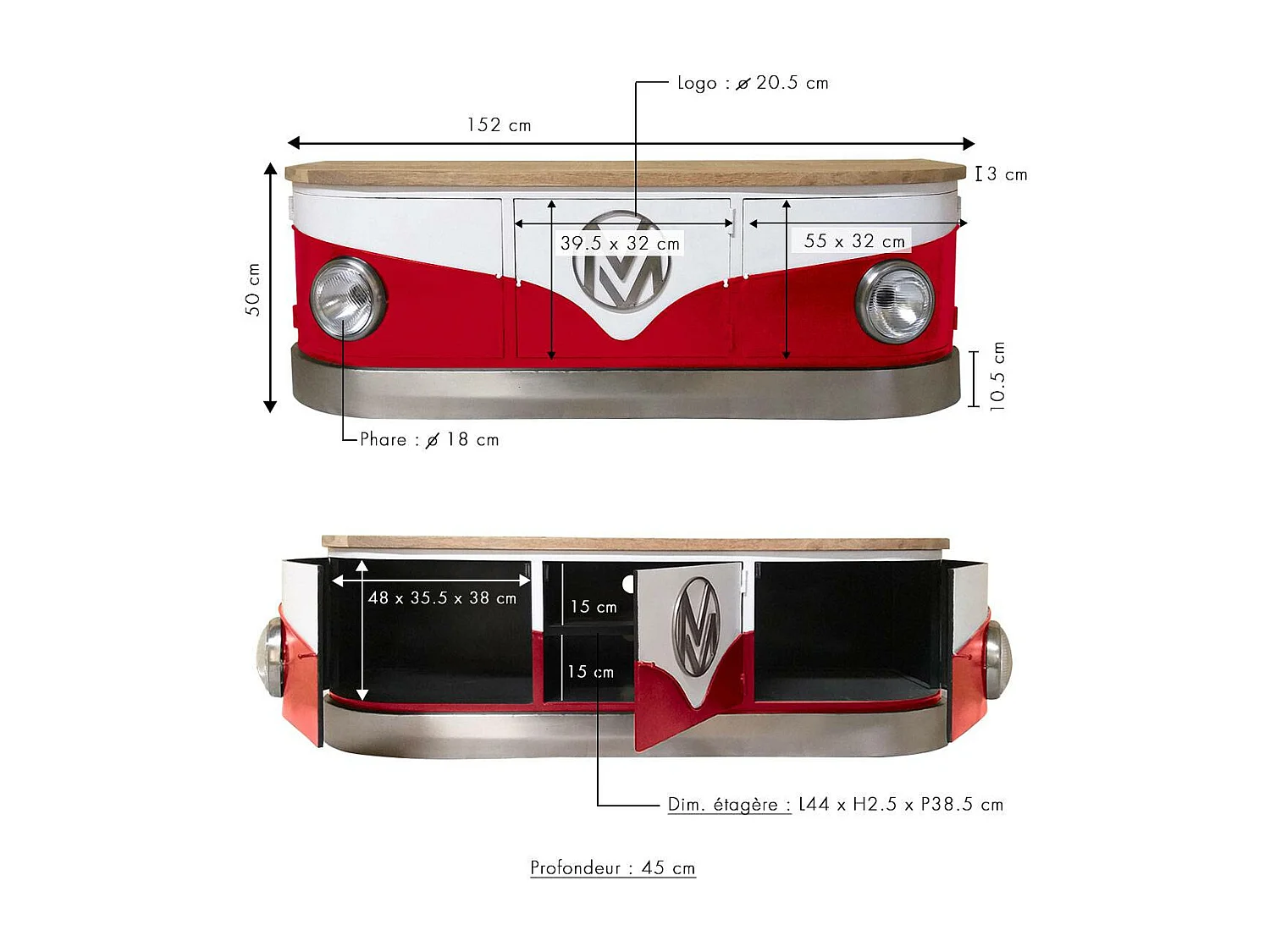 Meuble TV rouge avec plateau en bois de manguier Combi
