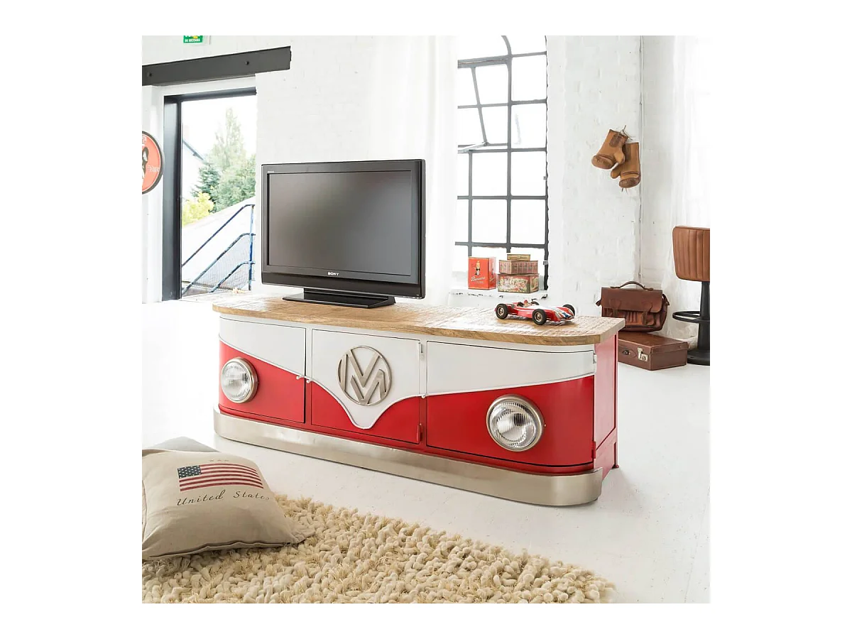 Meuble TV rouge avec plateau en bois de manguier Combi