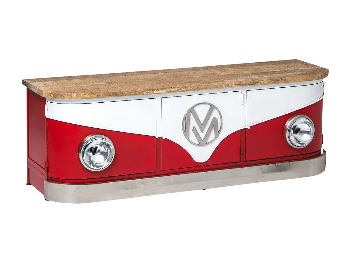 Mueble TV rojo industrial de madera de mango con almacenamiento organizado y pasacables