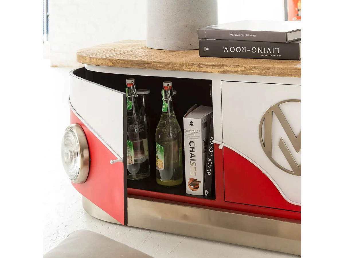 Mueble TV rojo industrial de madera de mango con almacenamiento organizado y pasacables