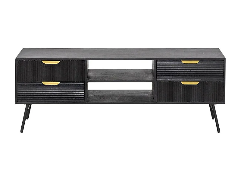 Mueble de TV de madera de mango James con motivo lineal en relieve y asas de latón