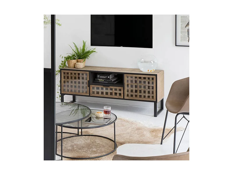 Meuble TV en sapin et métal noir Elise